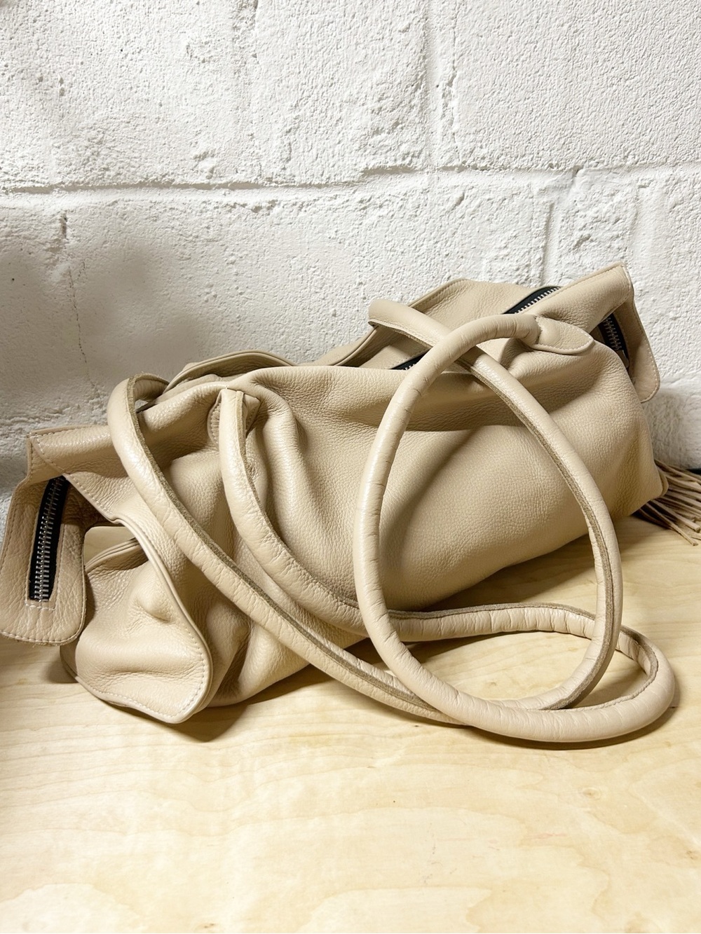 Village Tannery Beige Pebbled Leather Slouchy Shoulder Bag, Design By Sevestet - Picture 4 of 13